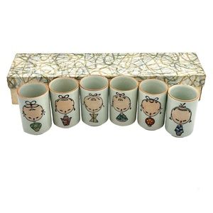 Japanese Sake Tea Cups Set Otagiri Kokeshi Doll 6 Piece Vintage MCM Original Box